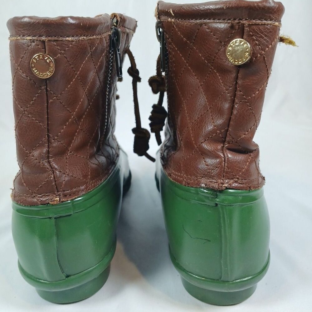 Steve Madden Duck Boots Women’s Size 8 Green Rubber Brown Leather Quilted Winter - Picture 3 of 13